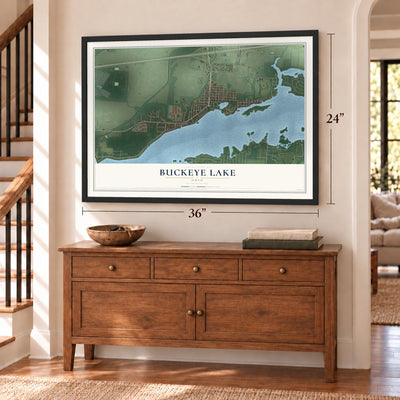 Buckeye Lake, Ohio map, 24 x 36 inch print in a black frame above a dresser by a staircase