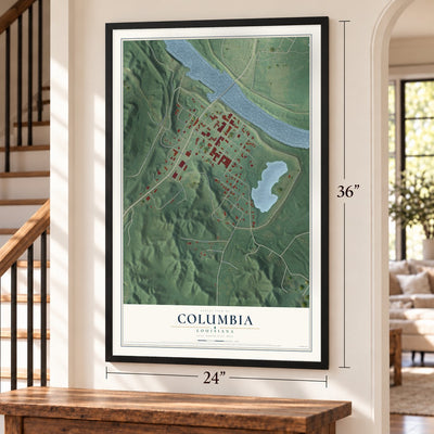 Columbia, Louisiana map, 24 x 36 inch print in a black frame by a staircase