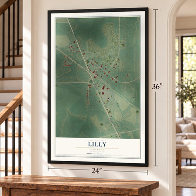 Lilly, Georgia map, 24 x 36 inch print in a black frame by a staircase