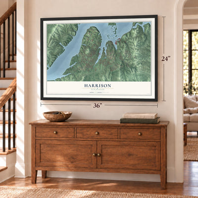 Harrison, Tennessee map, 24 x 36 inch print in a black frame above a dresser by a staircase