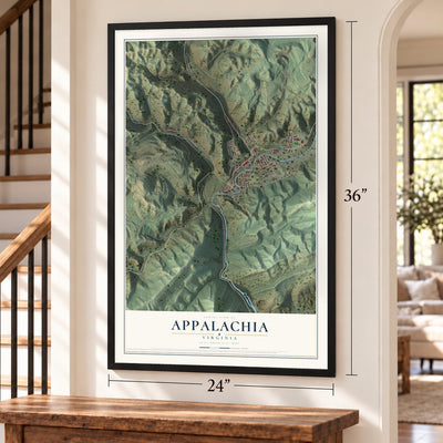 Appalachia, Virginia map, 24 x 36 inch print in a black frame by a staircase
