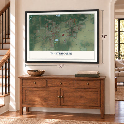 Whitehouse, Ohio map, 24 x 36 inch print in a black frame above a dresser by a staircase