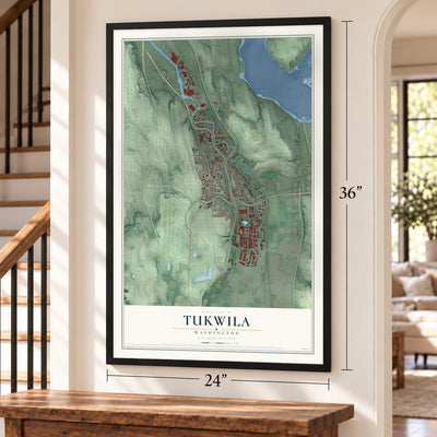 Tukwila, Washington map, 24 x 36 inch print in a black frame by a staircase