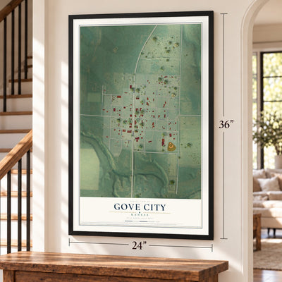 Gove City, Kansas map, 24 x 36 inch print in a black frame by a staircase