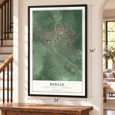 Berlin, Camden County, New Jersey map, 24 x 36 inch print in a black frame by a staircase