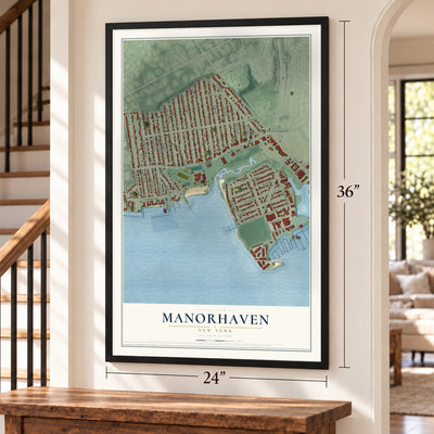Manorhaven, New York map, 24 x 36 inch print in a black frame by a staircase