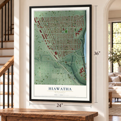Hiawatha, Minnesota map, 24 x 36 inch print in a black frame by a staircase