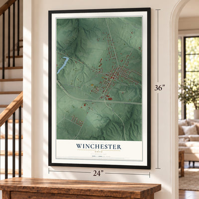 Winchester, Ohio map, 24 x 36 inch print in a black frame by a staircase