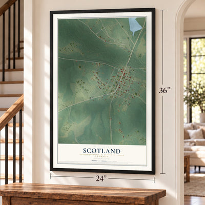 Scotland, Georgia map, 24 x 36 inch print in a black frame by a staircase