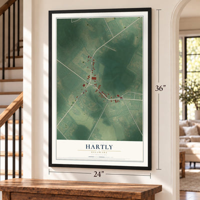 Hartly, Delaware map, 24 x 36 inch print in a black frame by a staircase