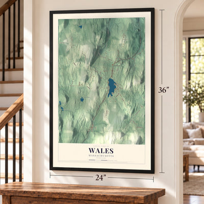 Wales, Massachusetts map, 24 x 36 inch print in a black frame by a staircase