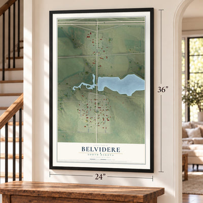 Belvidere, South Dakota map, 24 x 36 inch print in a black frame by a staircase