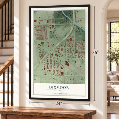 Dixmoor, Illinois map, 24 x 36 inch print in a black frame by a staircase