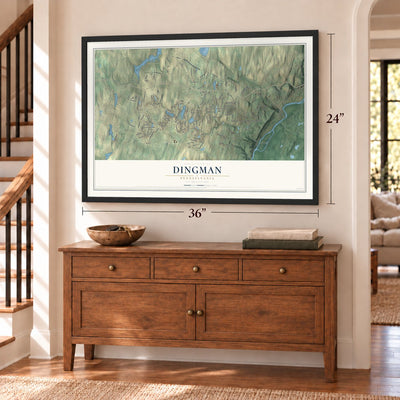 Dingman, Pennsylvania map, 24 x 36 inch print in a black frame above a dresser by a staircase