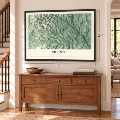 Corinth, Vermont map, 24 x 36 inch print in a black frame above a dresser by a staircase