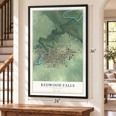 Redwood Falls, Minnesota map, 24 x 36 inch print in a black frame by a staircase