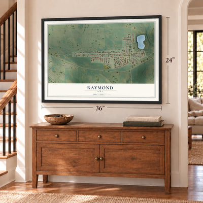 Raymond, Iowa map, 24 x 36 inch print in a black frame above a dresser by a staircase