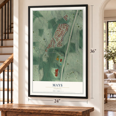 Mays, Georgia map, 24 x 36 inch print in a black frame by a staircase