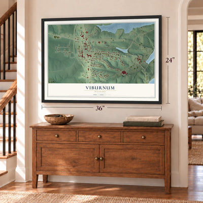 Viburnum, Missouri map, 24 x 36 inch print in a black frame above a dresser by a staircase