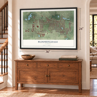 Bloomingdale, Illinois map, 24 x 36 inch print in a black frame above a dresser by a staircase