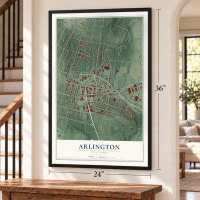 Arlington, New York map, 24 x 36 inch print in a black frame by a staircase