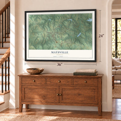 Maysville, Georgia map, 24 x 36 inch print in a black frame above a dresser by a staircase