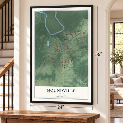 Moundville, Alabama map, 24 x 36 inch print in a black frame by a staircase