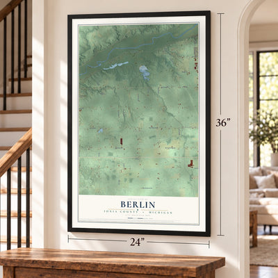 Berlin, Ionia County, Michigan map, 24 x 36 inch print in a black frame by a staircase