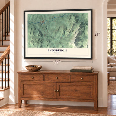 Enosburgh, Vermont map, 24 x 36 inch print in a black frame above a dresser by a staircase