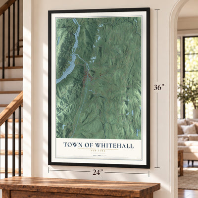 Town of Whitehall, New York map, 24 x 36 inch print in a black frame by a staircase