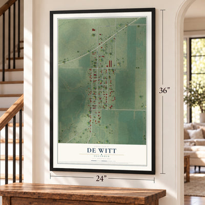 De Witt, Illinois map, 24 x 36 inch print in a black frame by a staircase