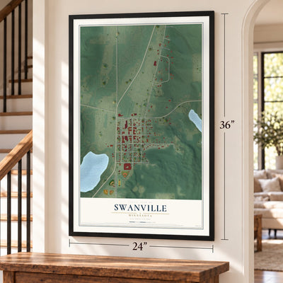 Swanville, Minnesota map, 24 x 36 inch print in a black frame by a staircase
