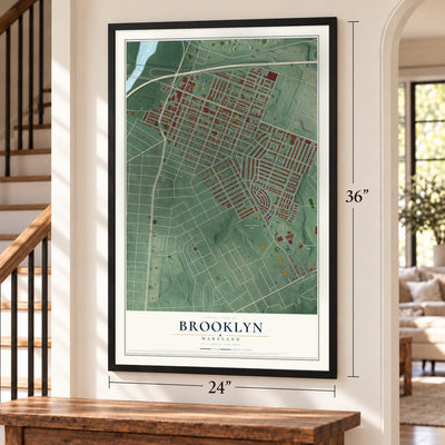 Brooklyn, Maryland map, 24 x 36 inch print in a black frame by a staircase