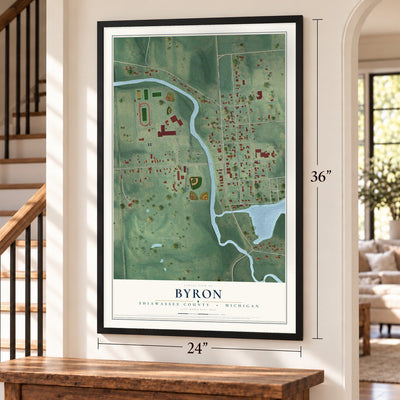 Byron, Shiawassee County, Michigan map, 24 x 36 inch print in a black frame by a staircase