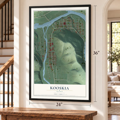 Kooskia, Idaho map, 24 x 36 inch print in a black frame by a staircase