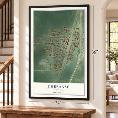 Chebanse, Illinois map, 24 x 36 inch print in a black frame by a staircase