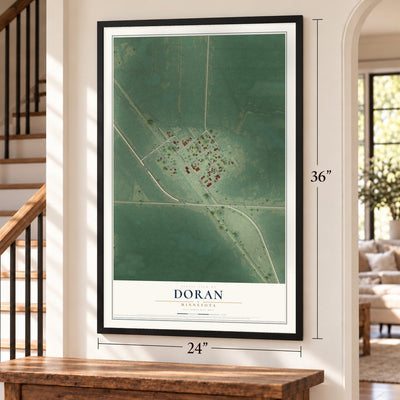 Doran, Minnesota map, 24 x 36 inch print in a black frame by a staircase