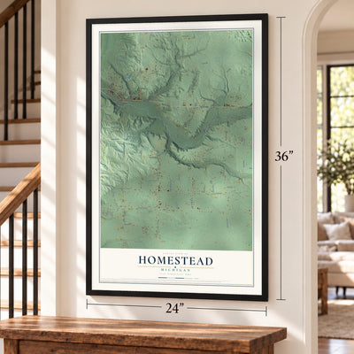 Homestead, Michigan map, 24 x 36 inch print in a black frame by a staircase