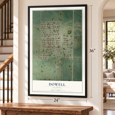 Dowell, Illinois map, 24 x 36 inch print in a black frame by a staircase