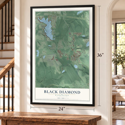 Black Diamond, Washington map, 24 x 36 inch print in a black frame by a staircase