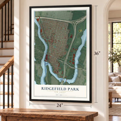 Ridgefield Park, New Jersey map, 24 x 36 inch print in a black frame by a staircase
