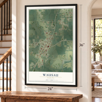 Wausau, Florida map, 24 x 36 inch print in a black frame by a staircase