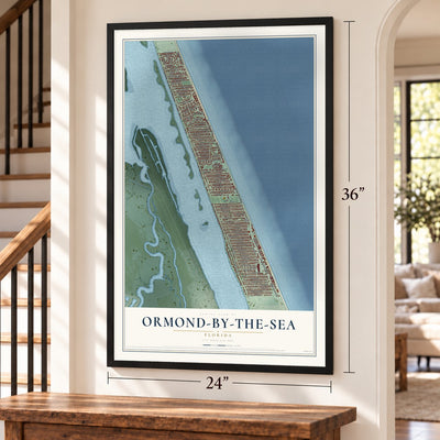 Ormond-by-the-Sea, Florida map, 24 x 36 inch print in a black frame by a staircase