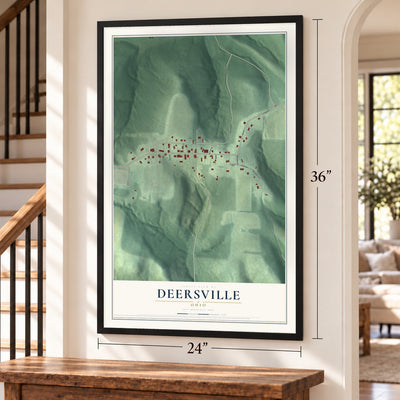Deersville, Ohio map, 24 x 36 inch print in a black frame by a staircase
