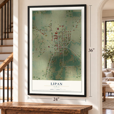 Lipan, Texas map, 24 x 36 inch print in a black frame by a staircase
