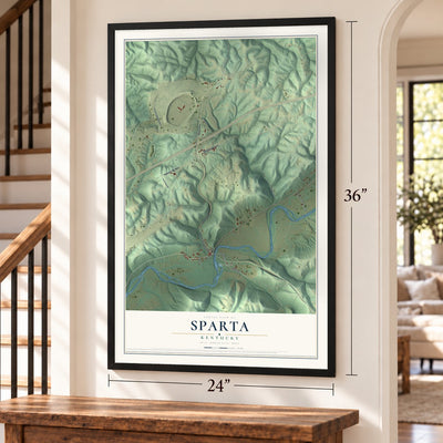 Sparta, Kentucky map, 24 x 36 inch print in a black frame by a staircase