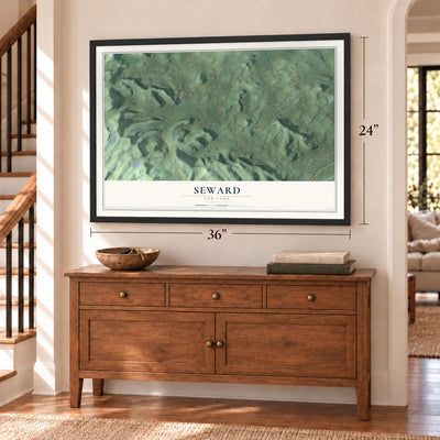 Seward, New York map, 24 x 36 inch print in a black frame above a dresser by a staircase