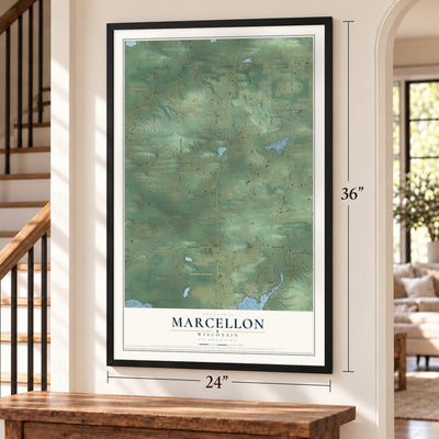 Marcellon, Wisconsin map, 24 x 36 inch print in a black frame by a staircase