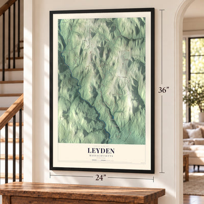 Leyden, Massachusetts map, 24 x 36 inch print in a black frame by a staircase