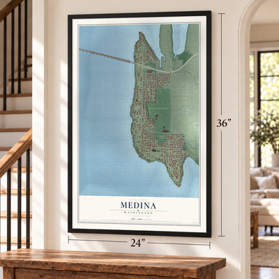 Medina, Washington map, 24 x 36 inch print in a black frame by a staircase